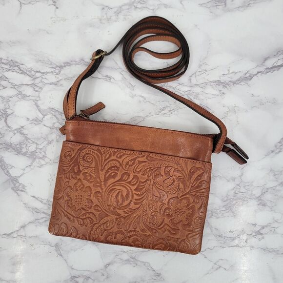 Leather Brown Embossed Floral Tooled Mini Crossbody Bag Purse - Picture 2 of 13